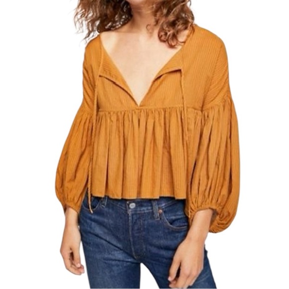 Free People Beaumont Mews Golden Boho Peasant Cotton Crop Top Mustard Size XS - Picture 13 of 13